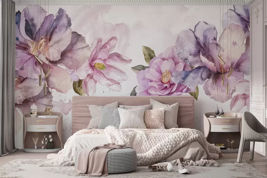 murais de parede Delicadas flores aquarela rosa e roxa com pétalas suaves e folhas verdes sobre um fundo claro w08238