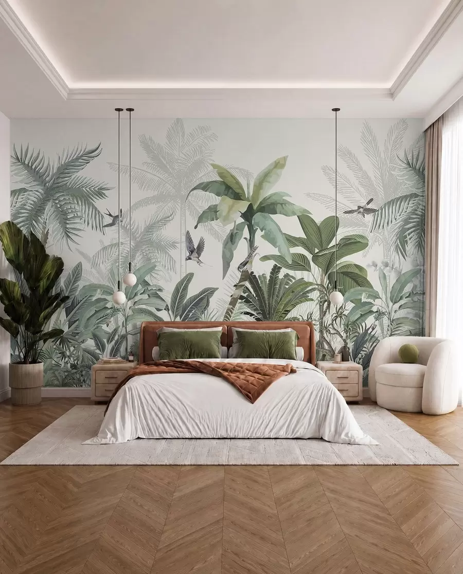 murais de parede Uma cena de selva tropical exuberante com várias palmeiras, folhas grandes e flores coloridas em primeiro plano w08239