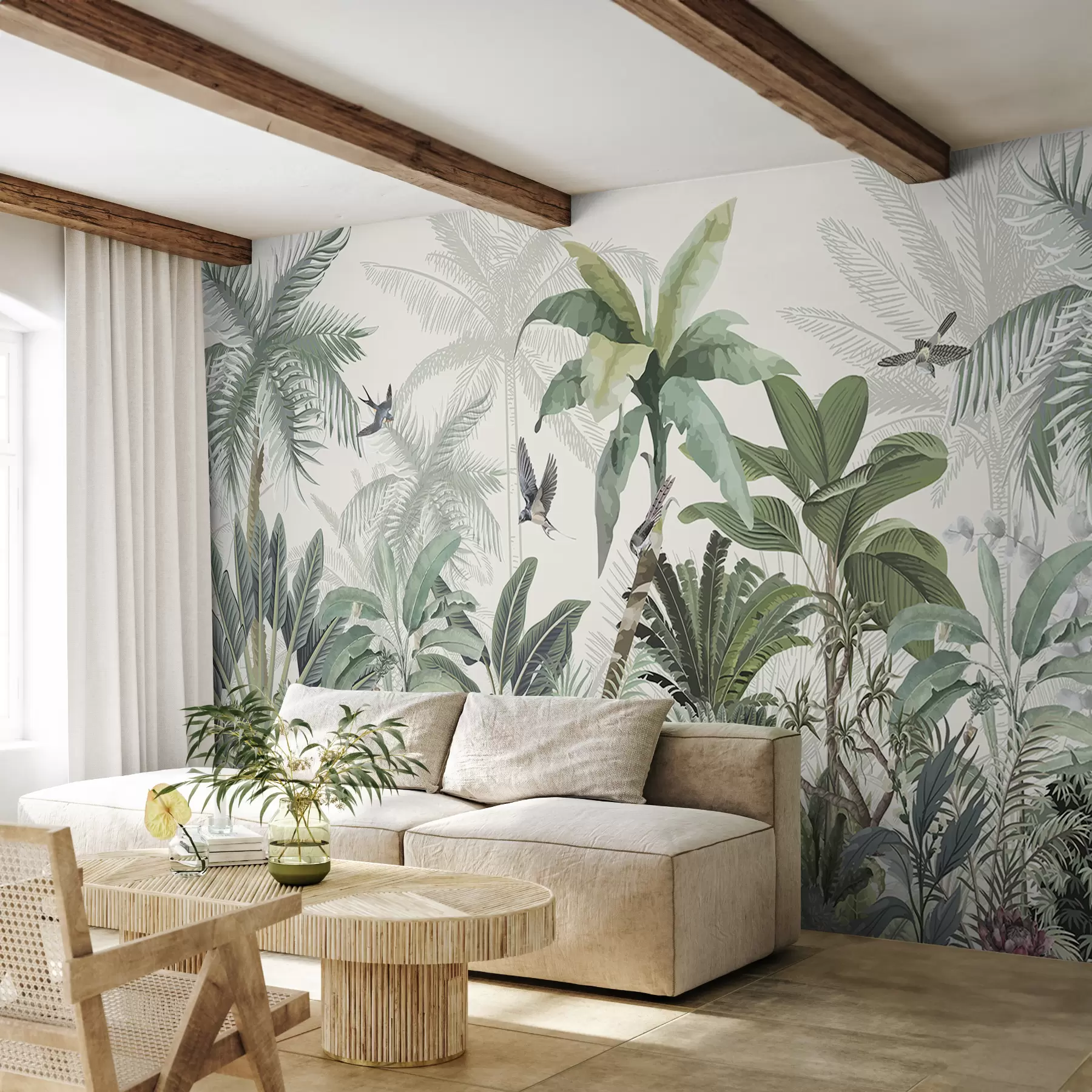 murais de parede Uma cena de selva tropical exuberante com várias palmeiras, folhas grandes e flores coloridas em primeiro plano w08239