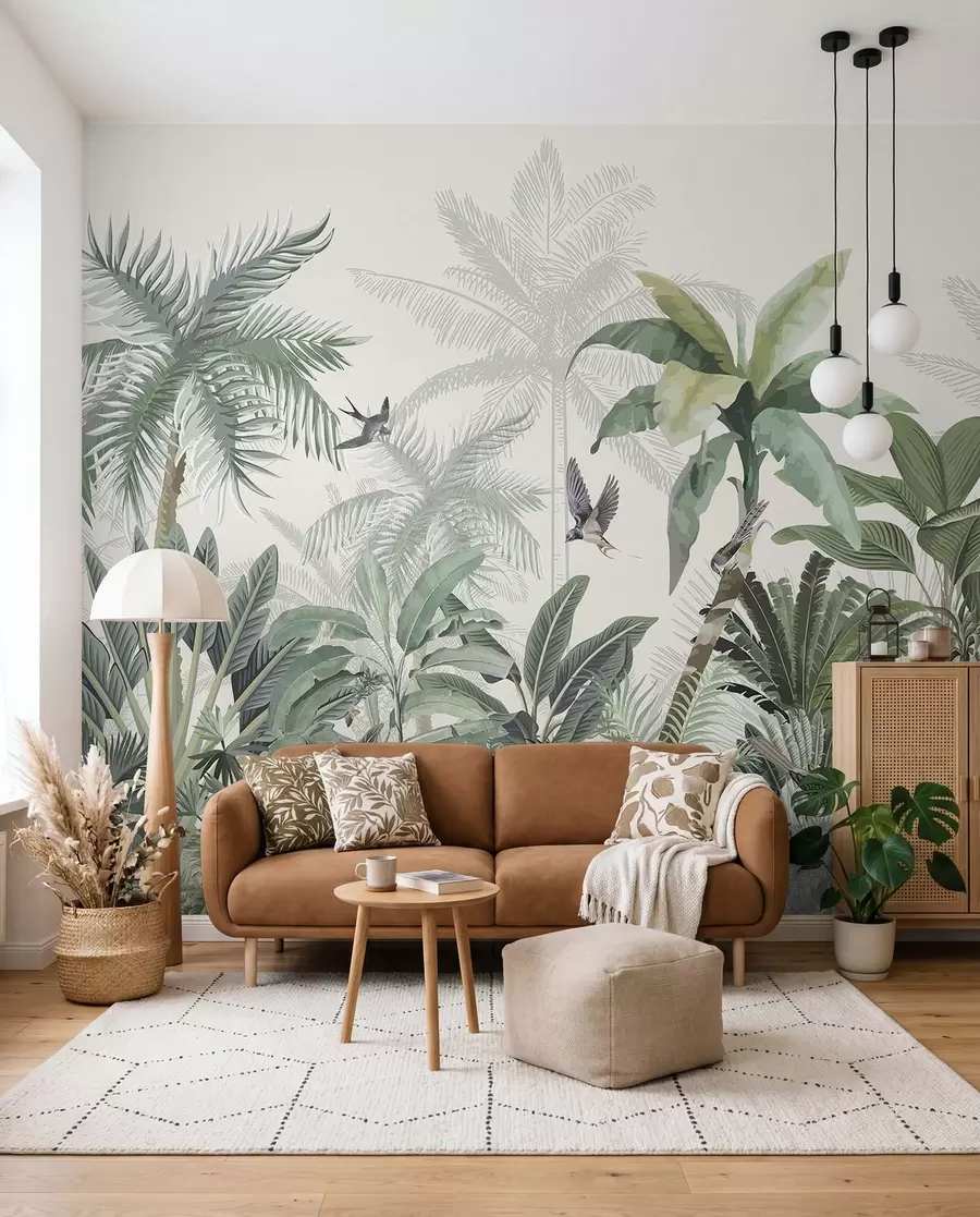 murais de parede Uma cena de selva tropical exuberante com várias palmeiras, folhas grandes e flores coloridas em primeiro plano w08239