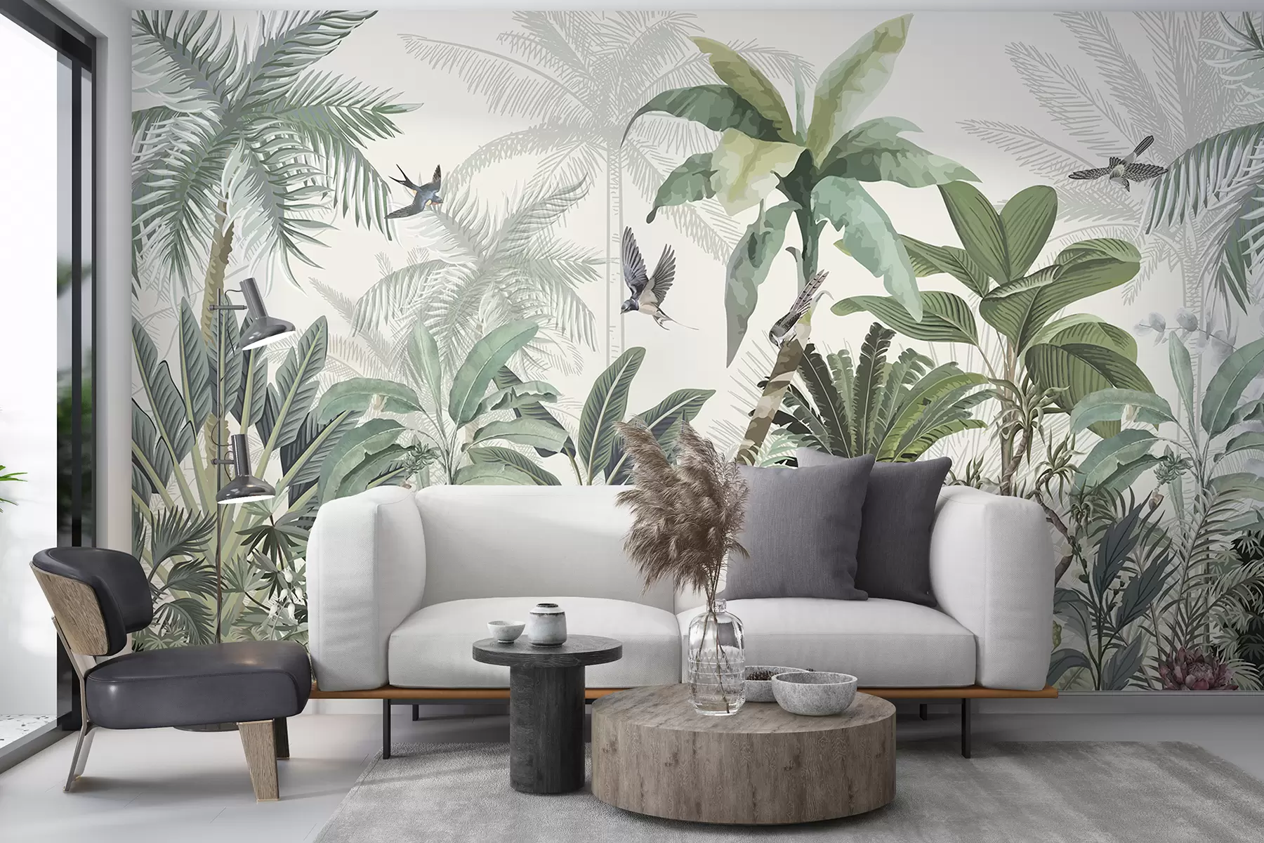 murais de parede Uma cena de selva tropical exuberante com várias palmeiras, folhas grandes e flores coloridas em primeiro plano w08239