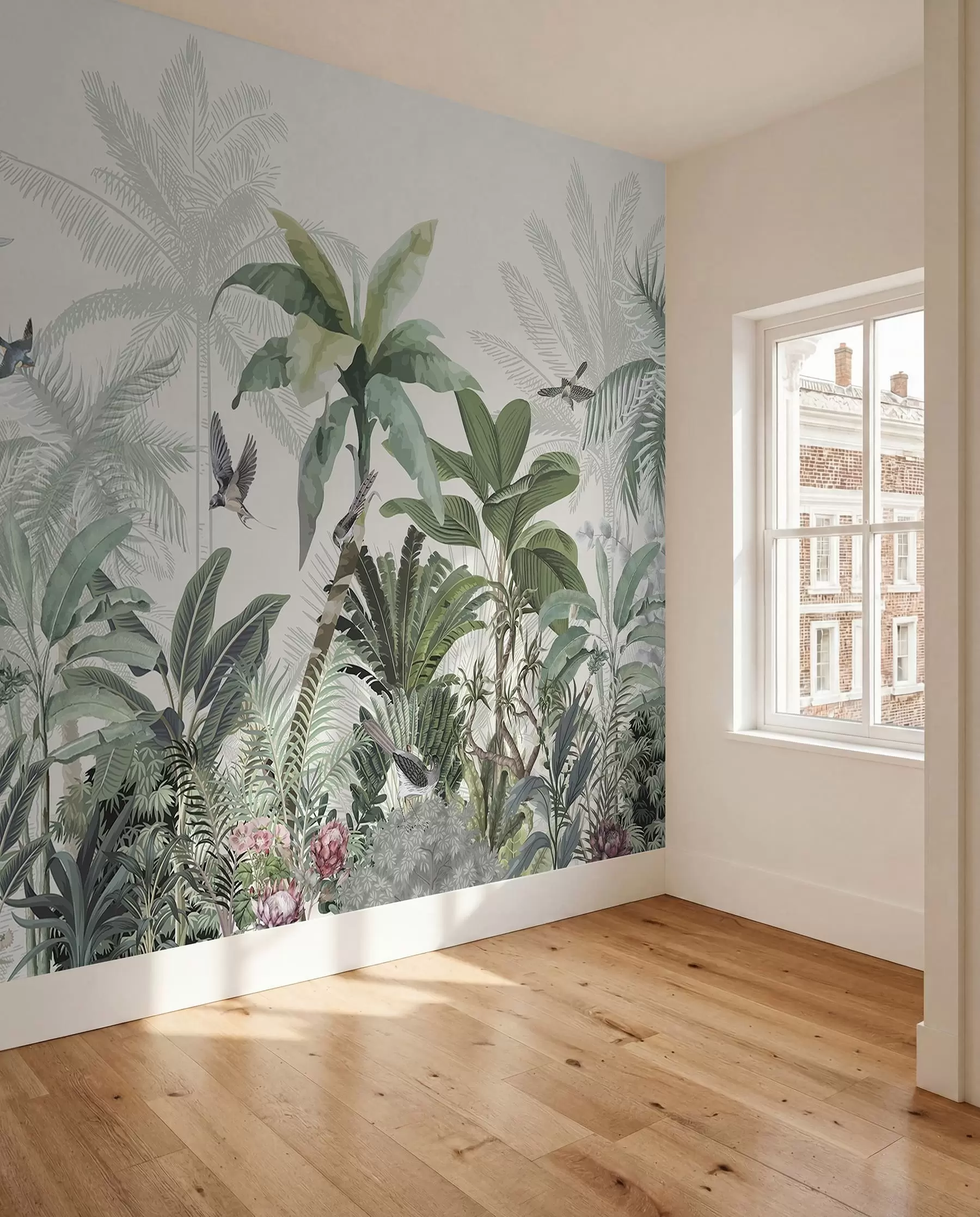 murais de parede Uma cena de selva tropical exuberante com várias palmeiras, folhas grandes e flores coloridas em primeiro plano w08239