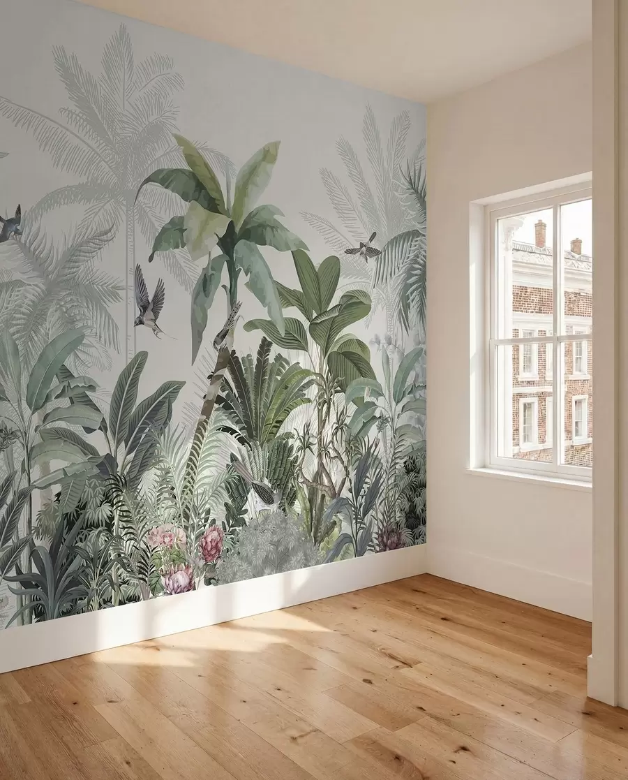 murais de parede Uma cena de selva tropical exuberante com várias palmeiras, folhas grandes e flores coloridas em primeiro plano w08239