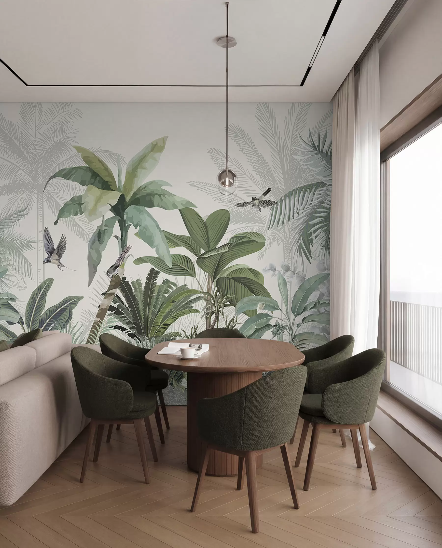 murais de parede Uma cena de selva tropical exuberante com várias palmeiras, folhas grandes e flores coloridas em primeiro plano w08239