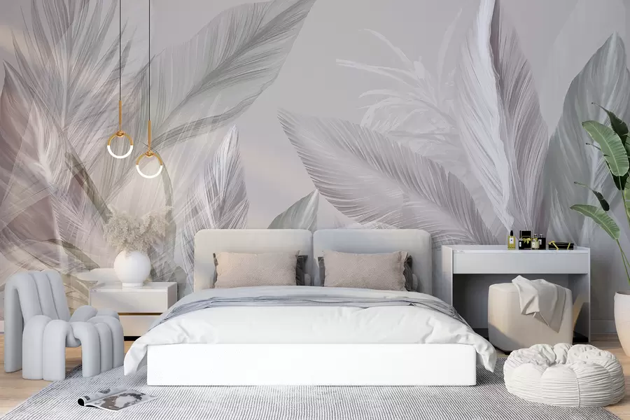 murais de parede Penas suaves brancas, rosa e cinza e folhas tropicais flutuando contra um fundo claro w08241v1