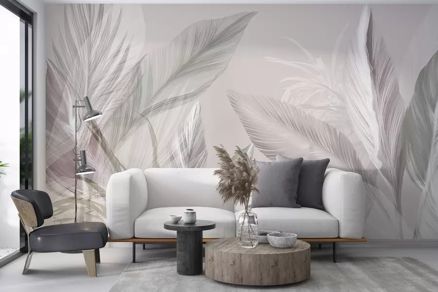 murais de parede Penas suaves brancas, rosa e cinza e folhas tropicais flutuando contra um fundo claro w08241v1
