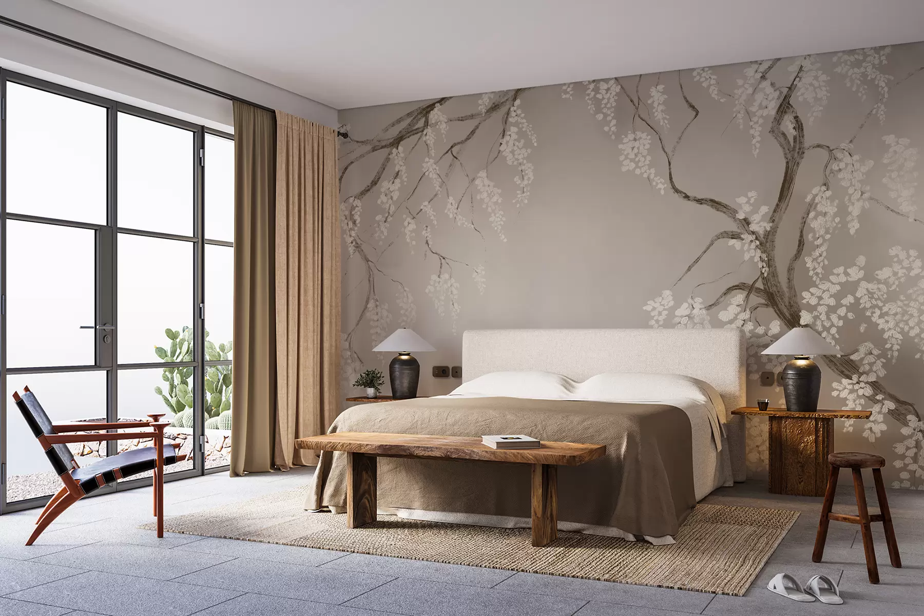 murais de parede Delicada cerejeira branca com flores desabrochando em galhos contra fundo bege w08243