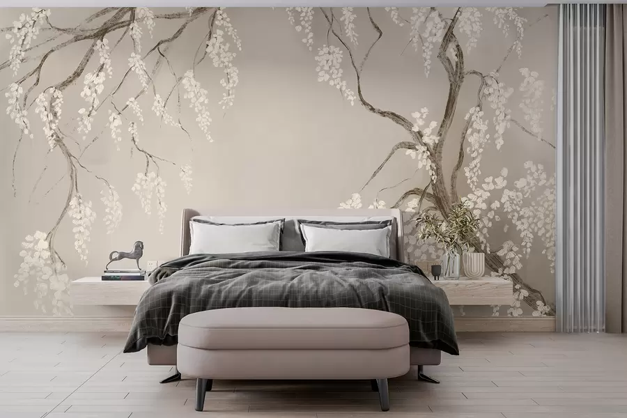 murais de parede Delicada cerejeira branca com flores desabrochando em galhos contra fundo bege w08243