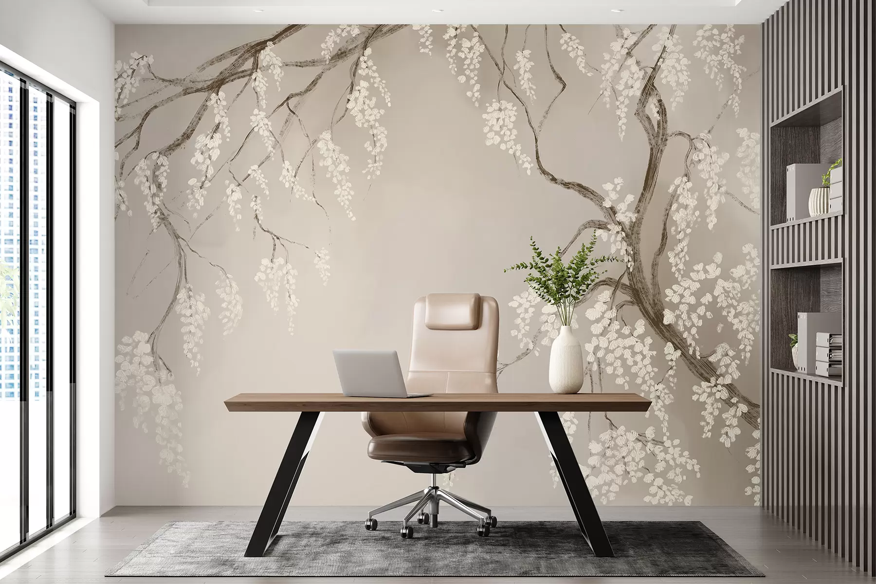 murais de parede Delicada cerejeira branca com flores desabrochando em galhos contra fundo bege w08243