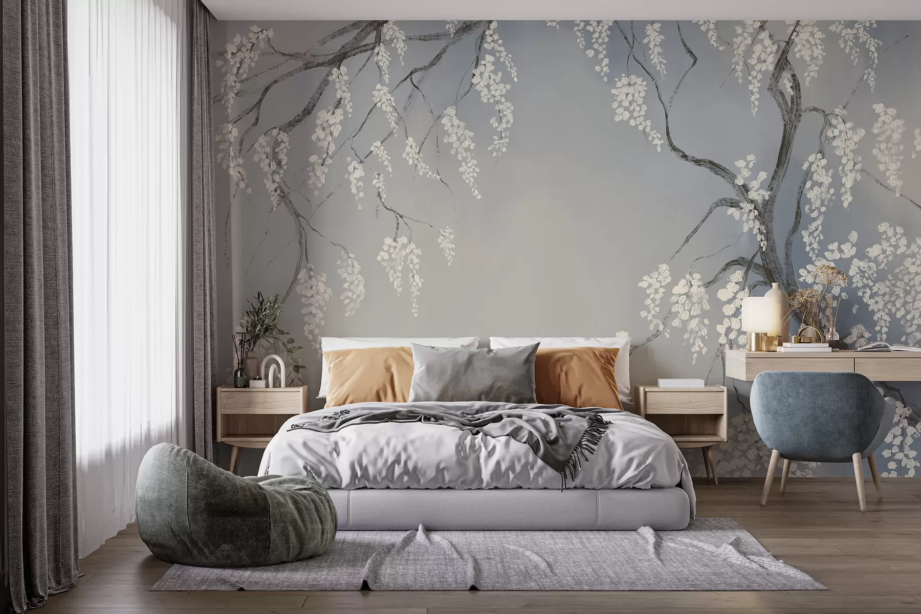 murais de parede Delicada cerejeira branca com flores desabrochando em galhos contra fundo azul w08243v1