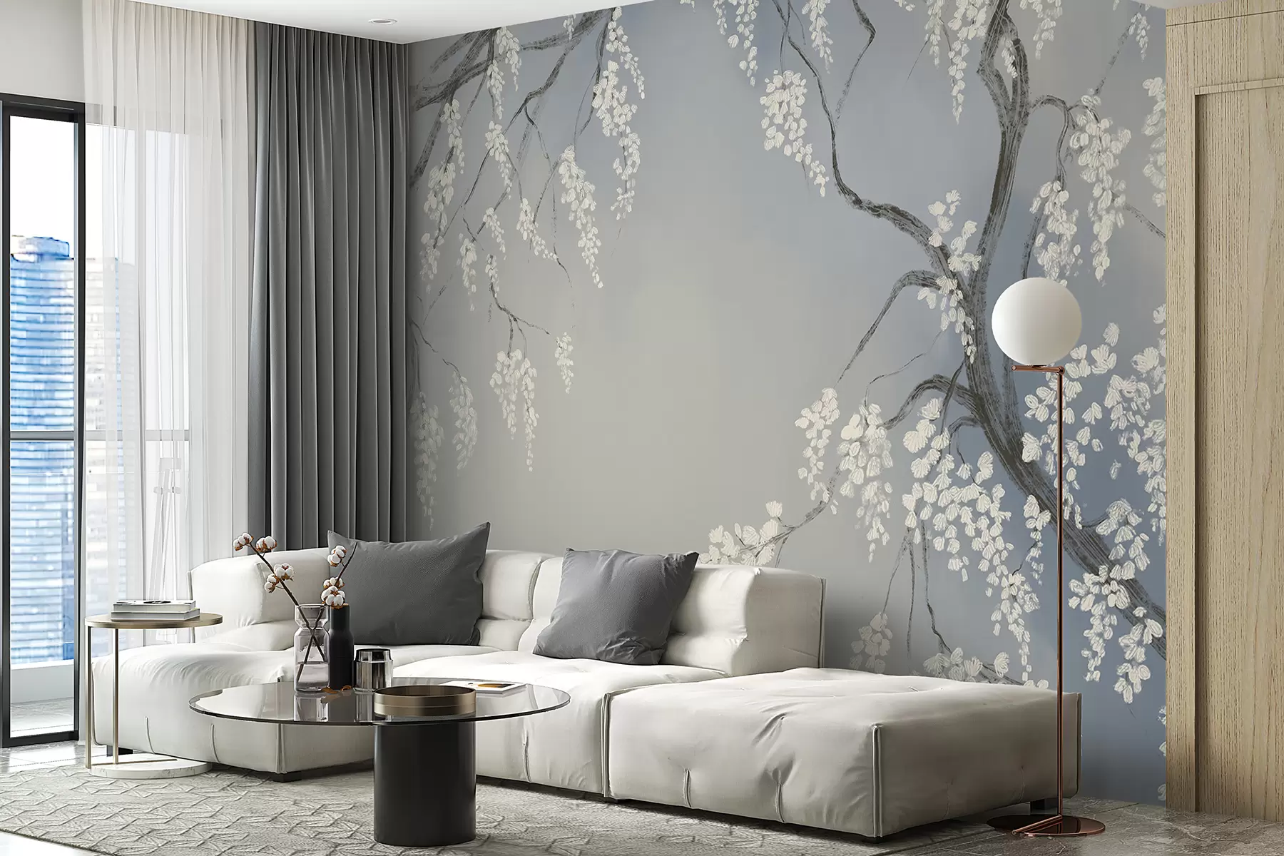 murais de parede Delicada cerejeira branca com flores desabrochando em galhos contra fundo azul w08243v1