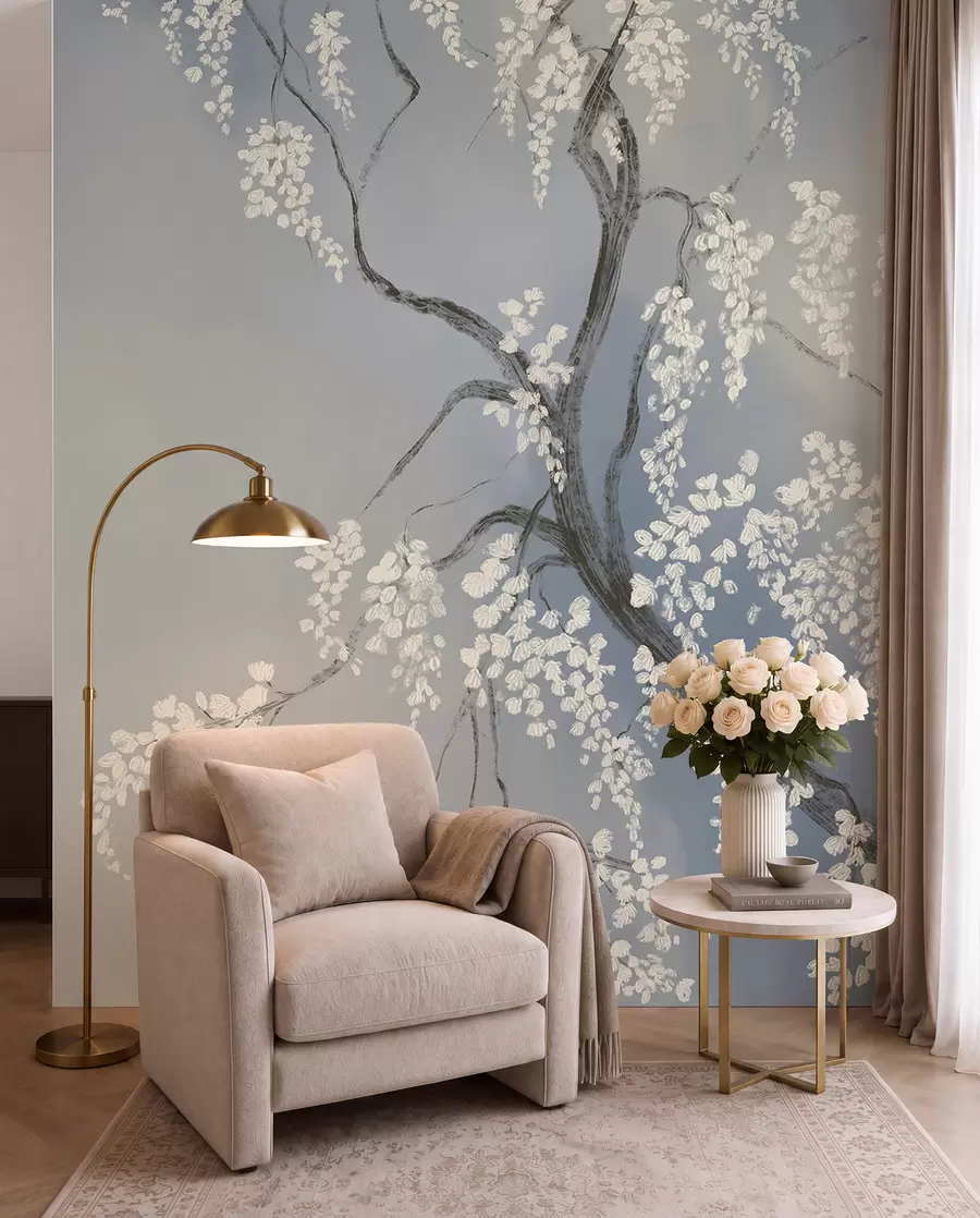 murais de parede Delicada cerejeira branca com flores desabrochando em galhos contra fundo azul w08243v1