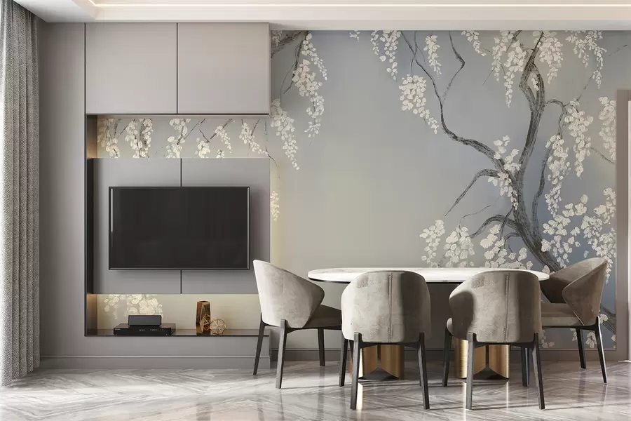 murais de parede Delicada cerejeira branca com flores desabrochando em galhos contra fundo azul w08243v1