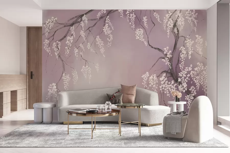murais de parede Delicada cerejeira branca com flores desabrochando em galhos contra fundo rosa w08243v2