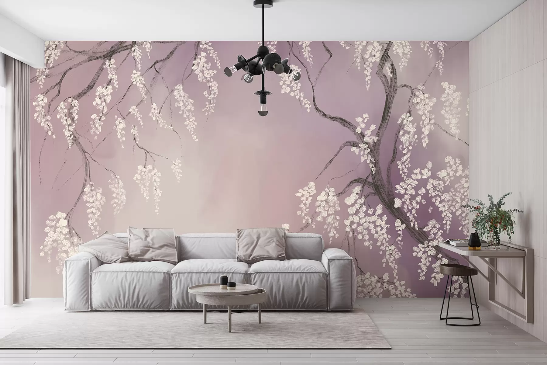murais de parede Delicada cerejeira branca com flores desabrochando em galhos contra fundo rosa w08243v2
