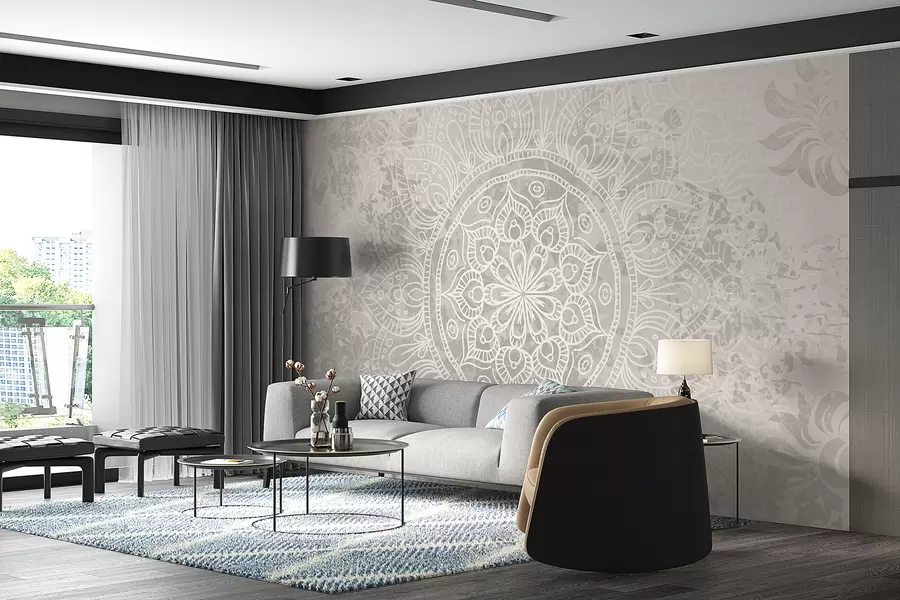murais de parede Um padrão de mandala branca detalhado em um fundo vintage texturizado cinza claro w08246