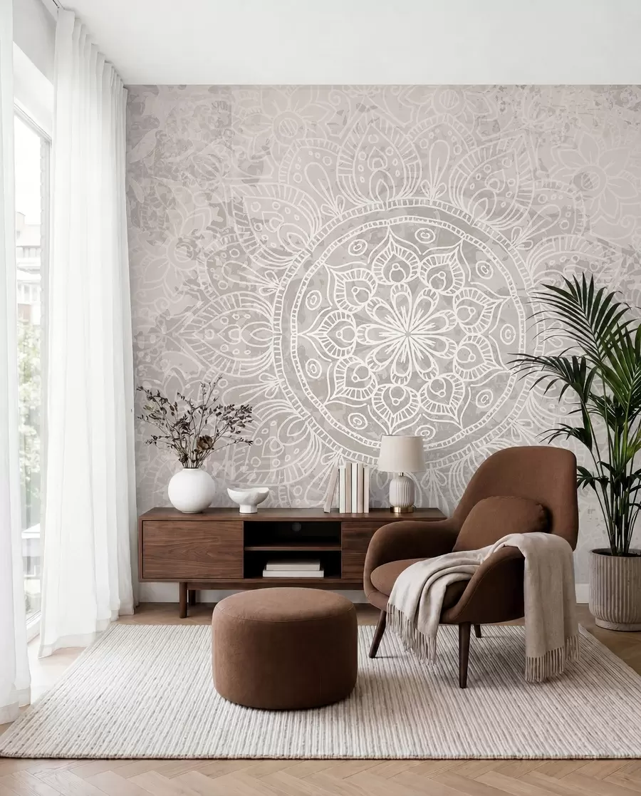 murais de parede Um padrão de mandala branca detalhado em um fundo vintage texturizado cinza claro w08246