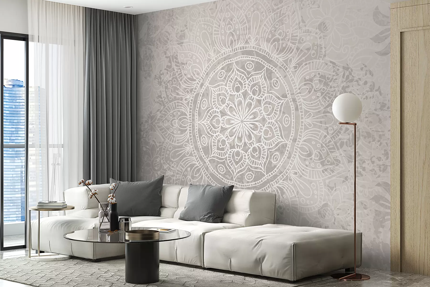 murais de parede Um padrão de mandala branca detalhado em um fundo vintage texturizado cinza claro w08246