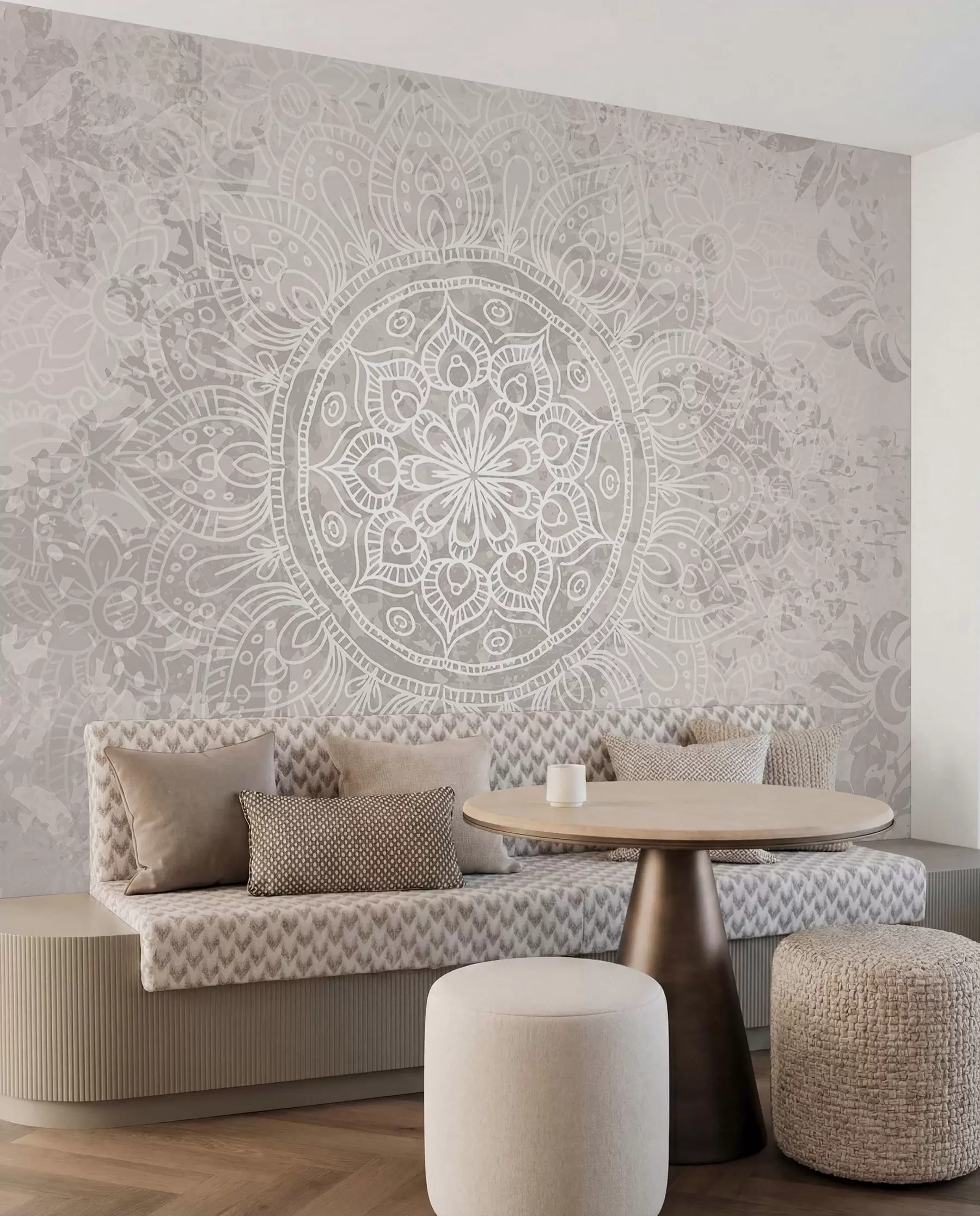 murais de parede Um padrão de mandala branca detalhado em um fundo vintage texturizado cinza claro w08246