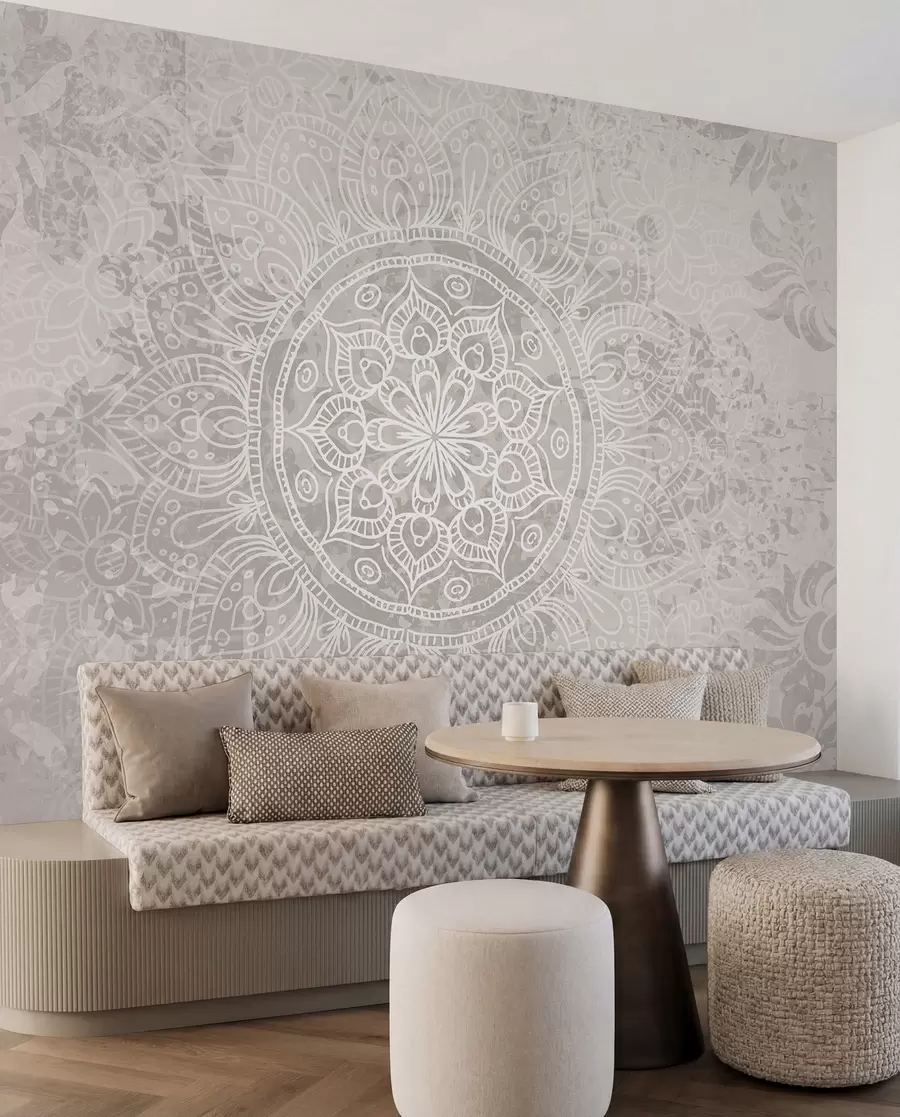murais de parede Um padrão de mandala branca detalhado em um fundo vintage texturizado cinza claro w08246