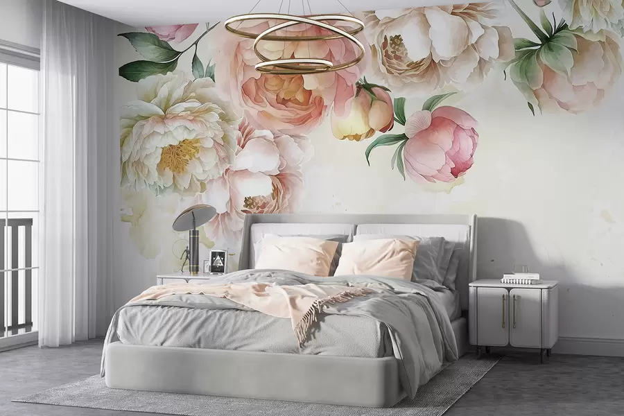 murais de parede Delicadas peônias rosa e brancas com folhas verdes exuberantes sobre um fundo aquarela claro w08248