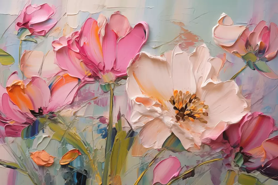 murais de parede Flores rosa brilhante em um fundo cinza azulado claro w01039