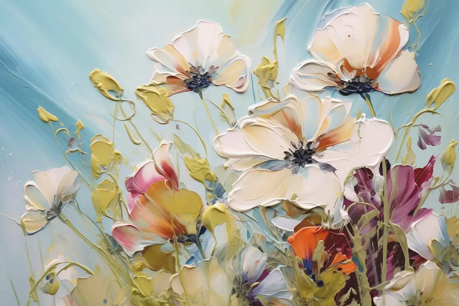 murais de parede Papoulas brancas abstratas em fundo azul, imitação de pinceladas w01043