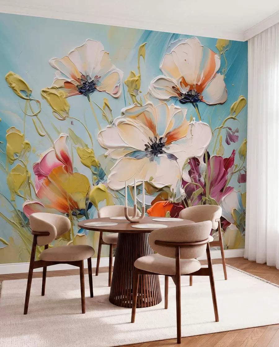 murais de parede Papoulas brancas abstratas em fundo azul, imitação de pinceladas w01043
