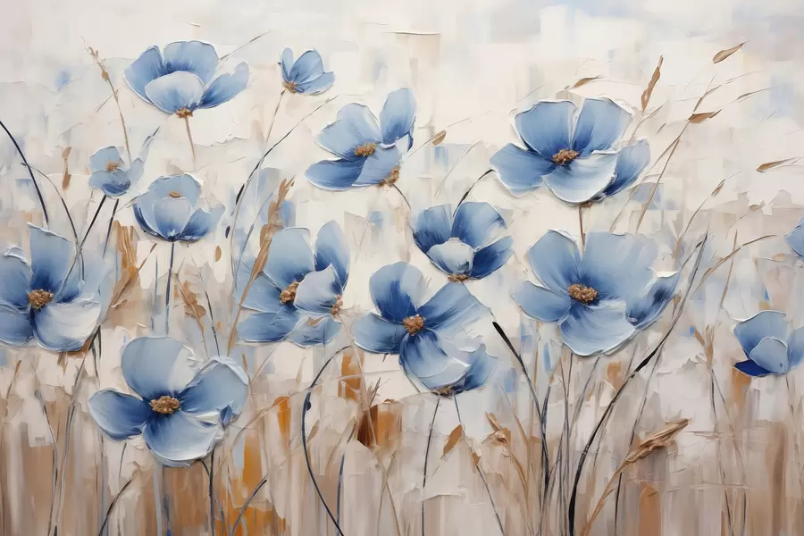 murais de parede Flores azuis em fundo abstrato, imitação de pinceladas de óleo w01045