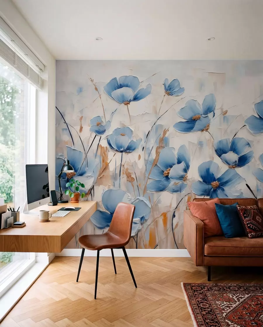murais de parede Flores azuis em fundo abstrato, imitação de pinceladas de óleo w01045