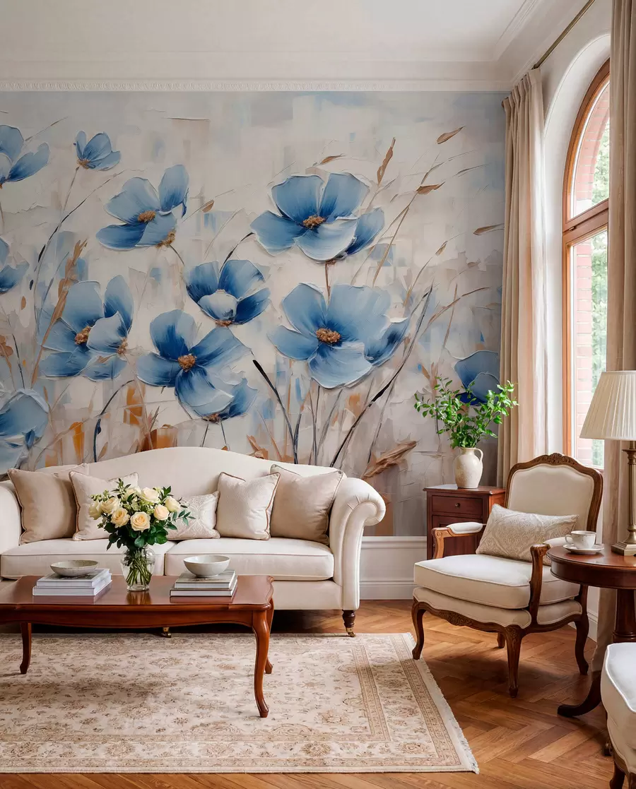 murais de parede Flores azuis em fundo abstrato, imitação de pinceladas de óleo w01045
