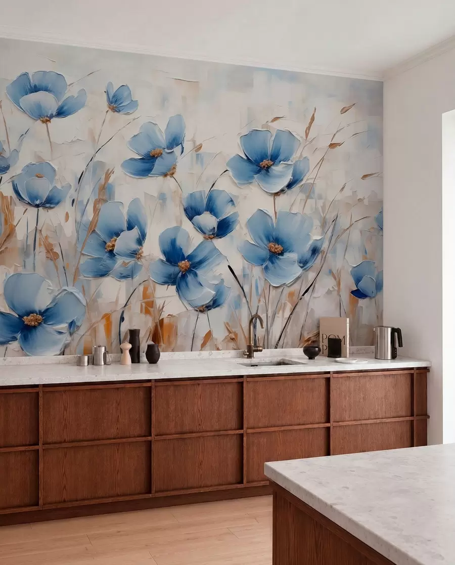 murais de parede Flores azuis em fundo abstrato, imitação de pinceladas de óleo w01045