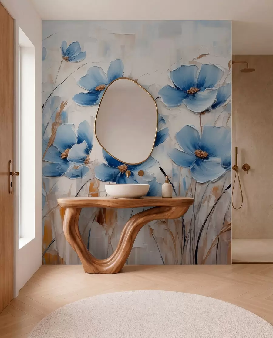 murais de parede Flores azuis em fundo abstrato, imitação de pinceladas de óleo w01045
