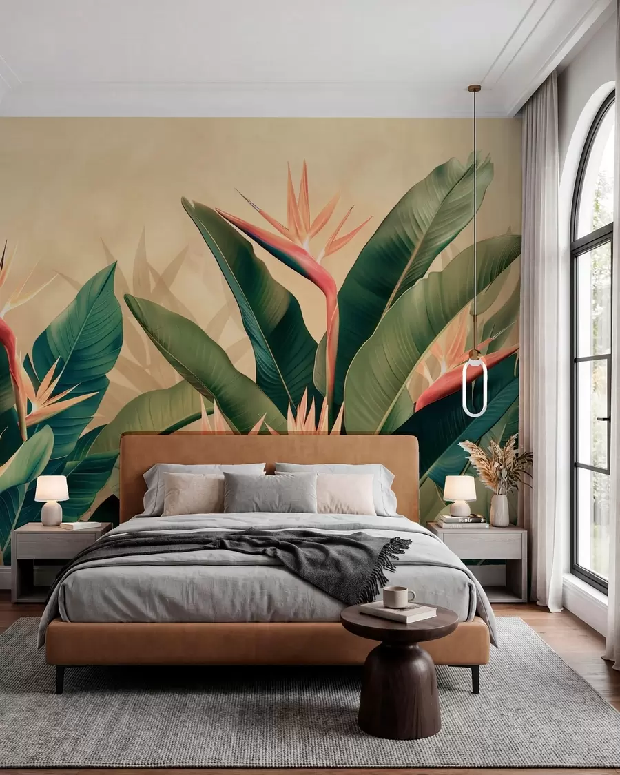 murais de parede Arranjo exuberante de flores tropicais cercadas por grandes folhas verde-escuras w01484v1