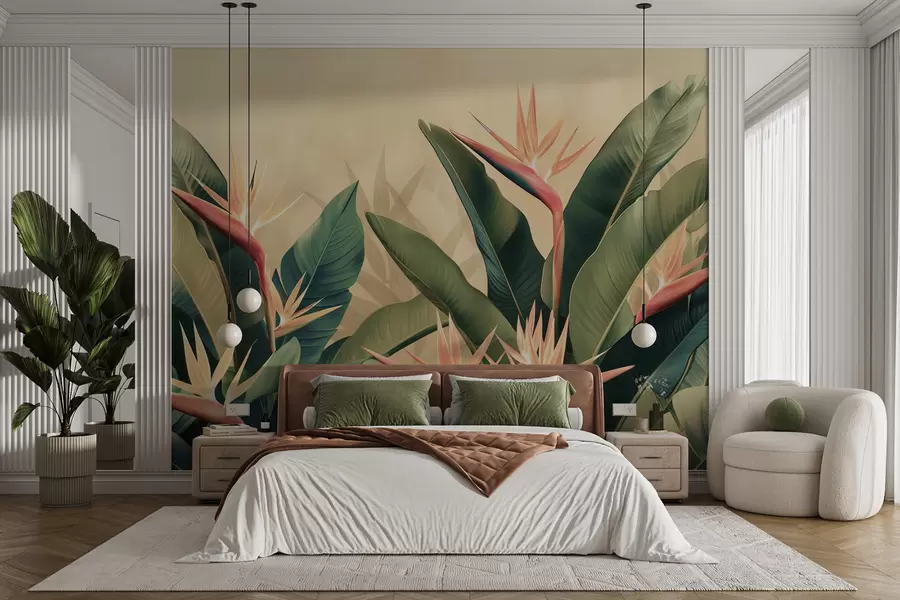 murais de parede Arranjo exuberante de flores tropicais cercadas por grandes folhas verde-escuras w01484v1