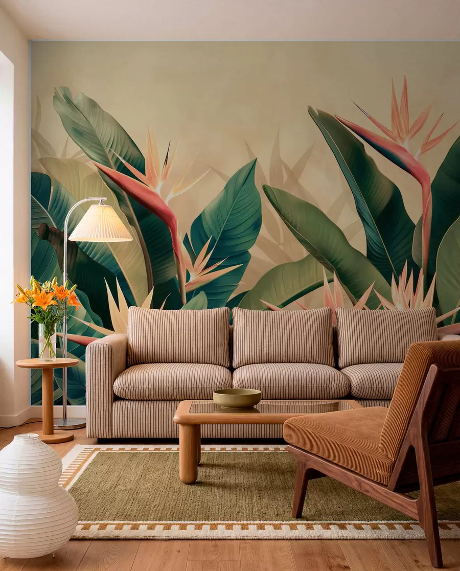 murais de parede Arranjo exuberante de flores tropicais cercadas por grandes folhas verde-escuras w01484v1