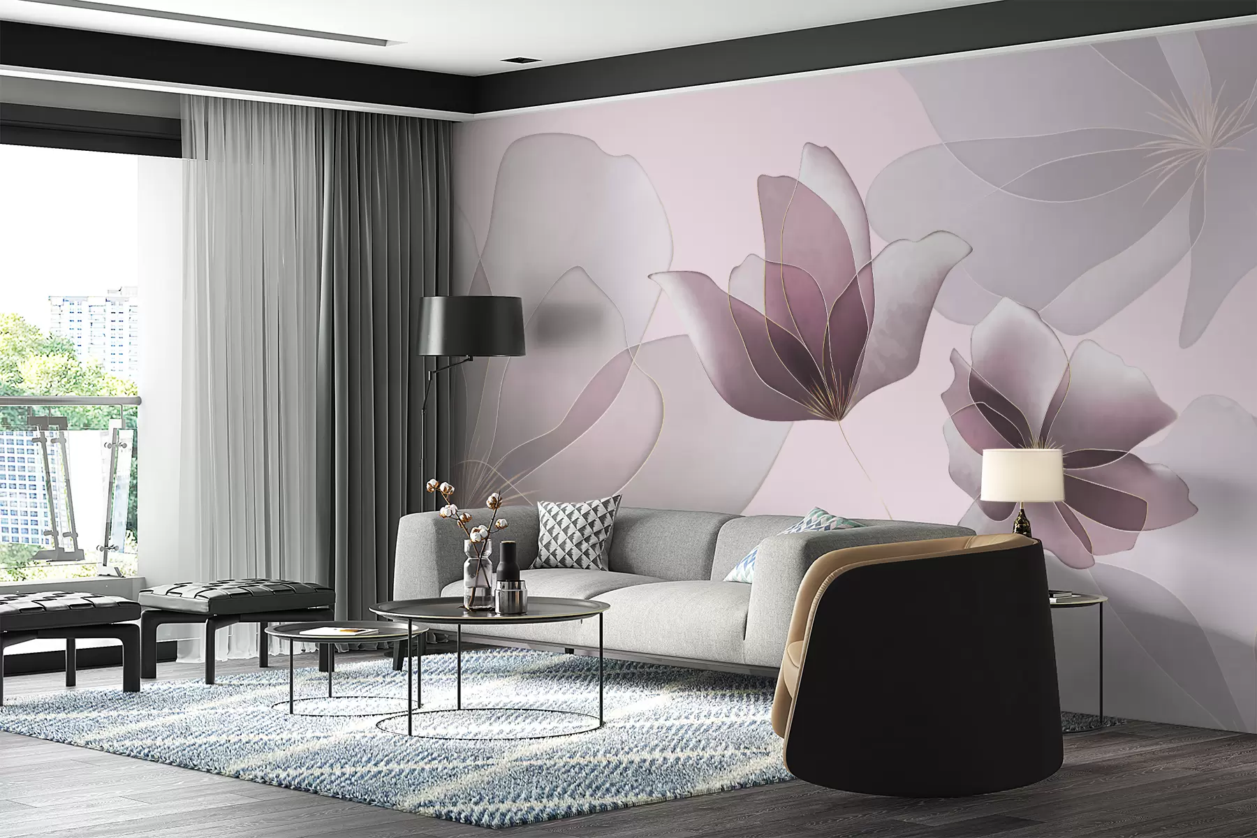 murais de parede magnólias grandes, magnólias roxas, flores delicadas w01082