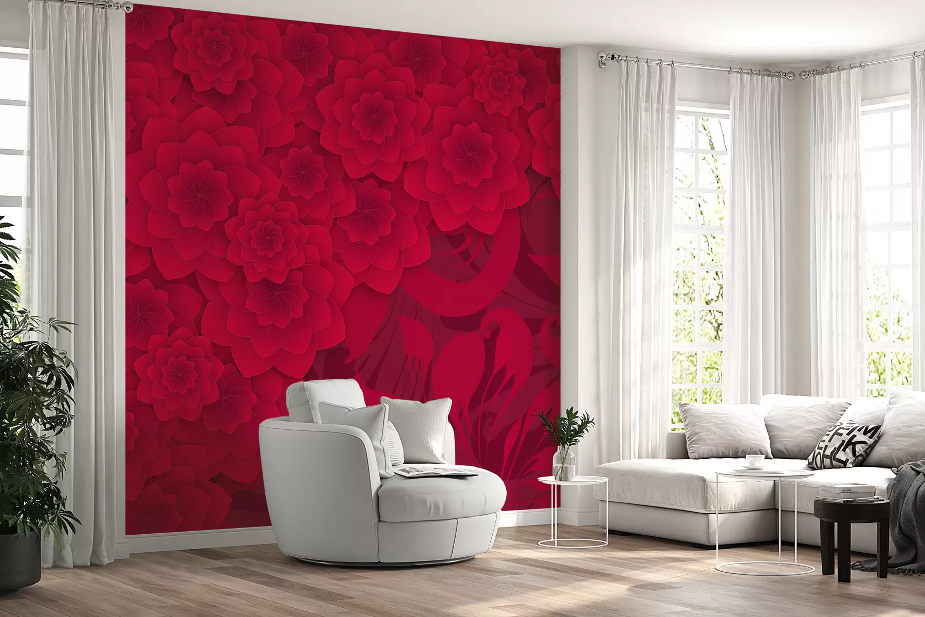 murais de parede papel de parede cor de vinho com flores grandes com imitação de volume no fundo de um padrão ornamental w01051