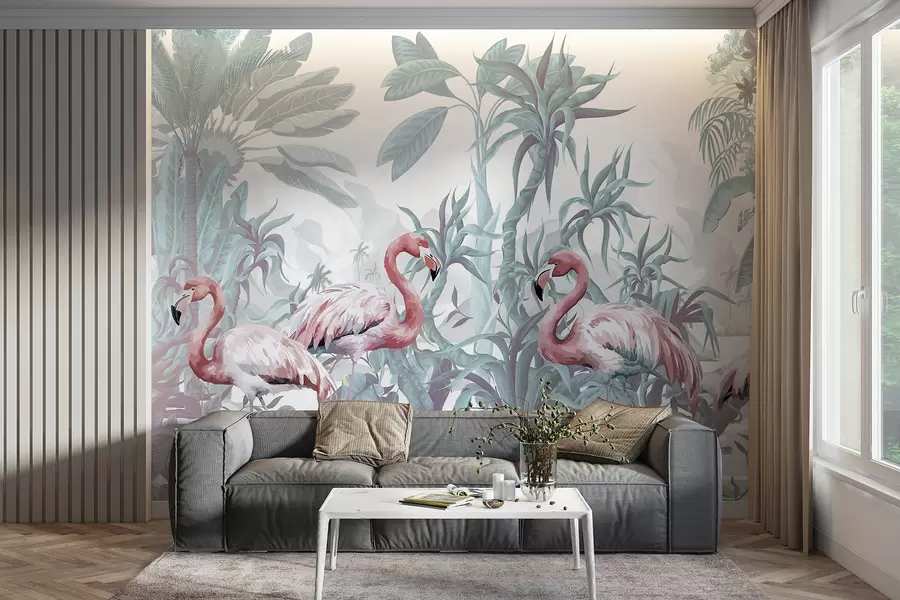 murais de parede  Flamingos cor-de-rosa numa exuberante folhagem tropical com grandes folhas de palmeira e flores em tons de verde e branco w08250v1