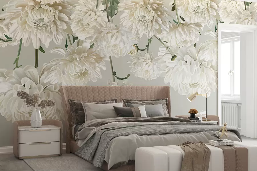 murais de parede Flores de crisântemo brancas com folhas verdes sobre um fundo cinzento claro w08251