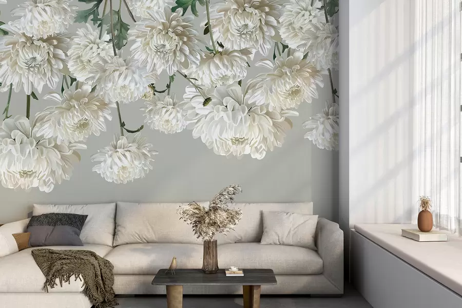 murais de parede Flores de crisântemo brancas com folhas verdes sobre um fundo cinzento claro w08251