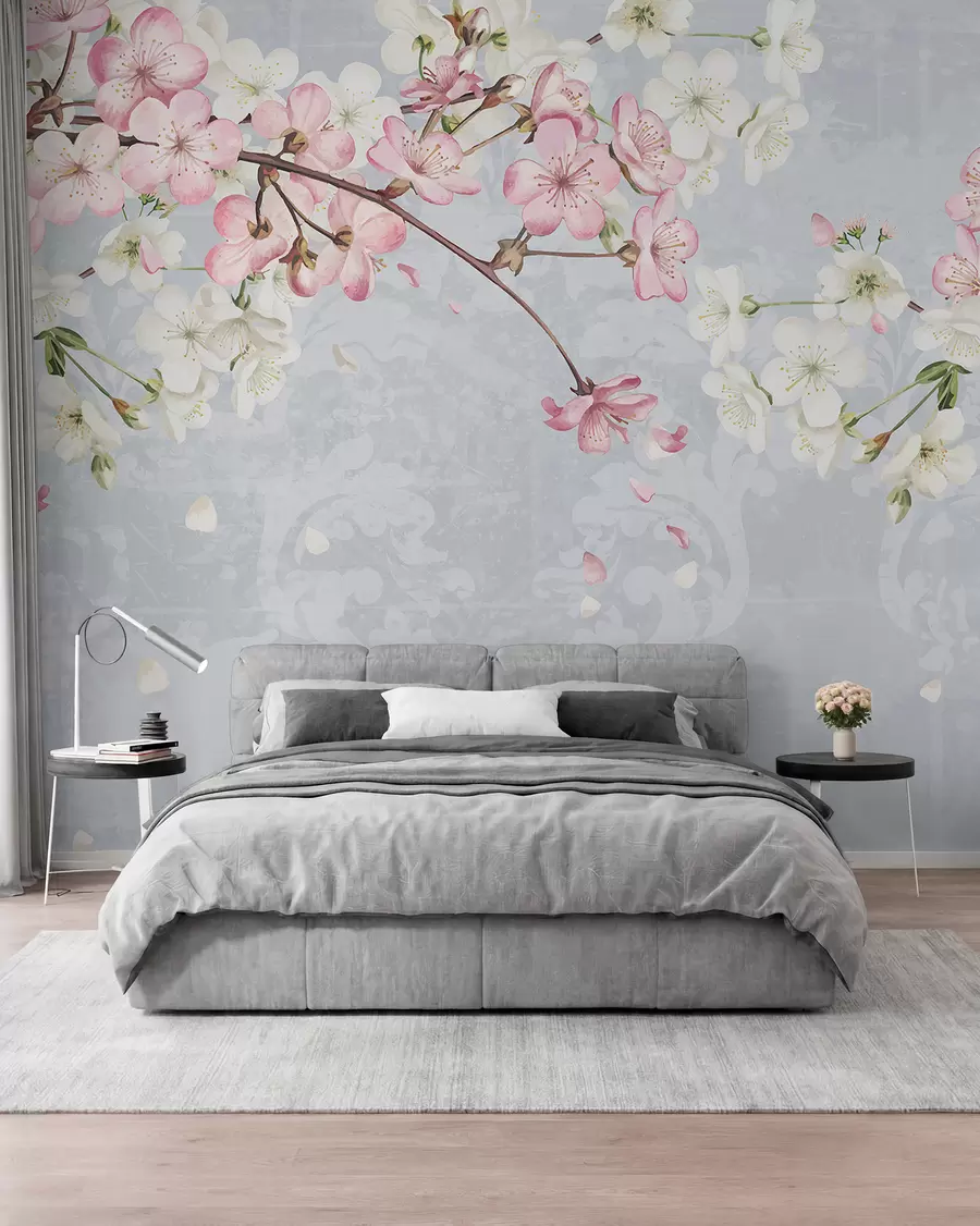 murais de parede Flores de cerejeira cor-de-rosa e brancas em plena floração, com pétalas suaves a cair sobre um fundo azul texturado w08254