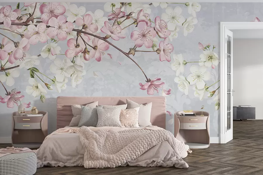 murais de parede Flores de cerejeira cor-de-rosa e brancas em plena floração, com pétalas suaves a cair sobre um fundo azul texturado w08254