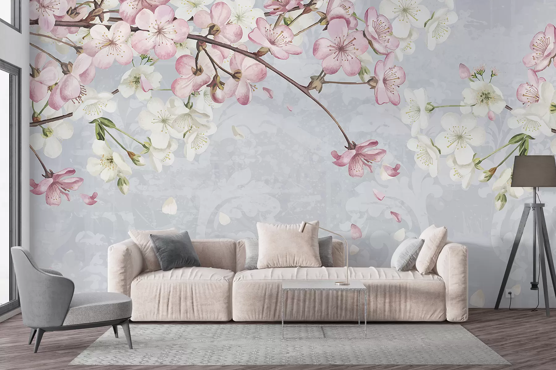 murais de parede Flores de cerejeira cor-de-rosa e brancas em plena floração, com pétalas suaves a cair sobre um fundo azul texturado w08254