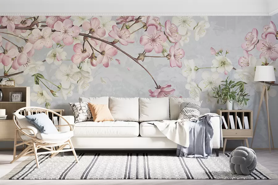 murais de parede Flores de cerejeira cor-de-rosa e brancas em plena floração, com pétalas suaves a cair sobre um fundo azul texturado w08254
