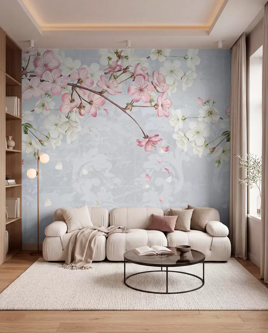 murais de parede Flores de cerejeira cor-de-rosa e brancas em plena floração, com pétalas suaves a cair sobre um fundo azul texturado w08254