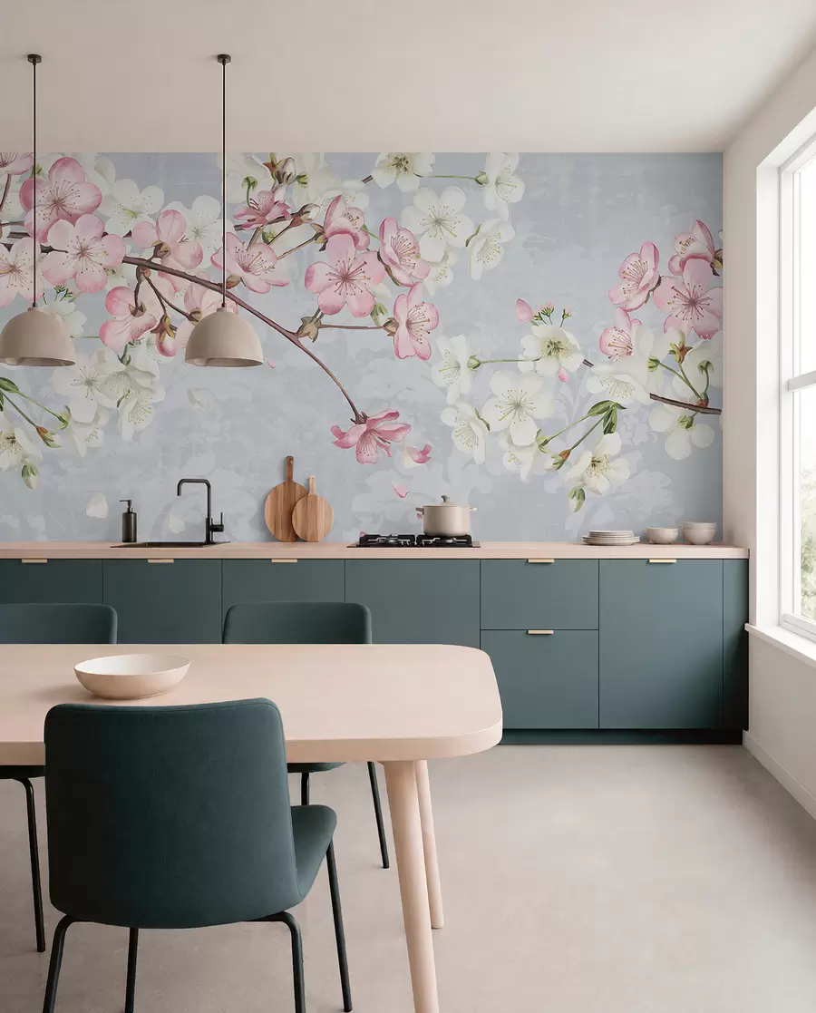 murais de parede Flores de cerejeira cor-de-rosa e brancas em plena floração, com pétalas suaves a cair sobre um fundo azul texturado w08254