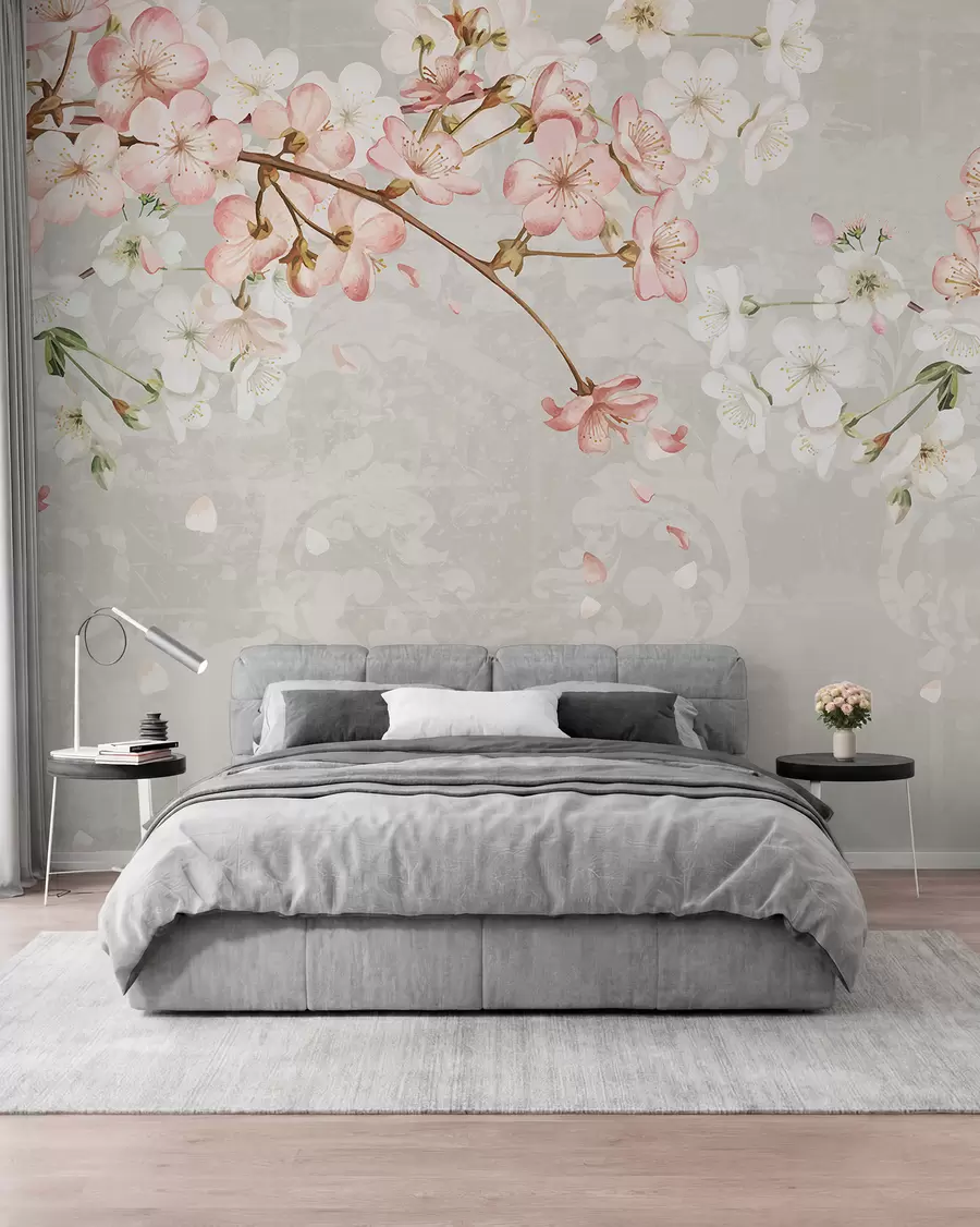 murais de parede Flores de cerejeira cor-de-rosa e brancas em plena floração, com pétalas suaves a cair sobre um fundo bege texturado w08254v1