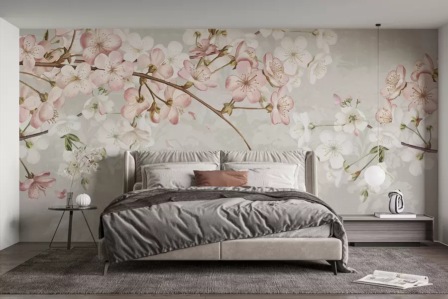 murais de parede Flores de cerejeira cor-de-rosa e brancas em plena floração, com pétalas suaves a cair sobre um fundo bege texturado w08254v1