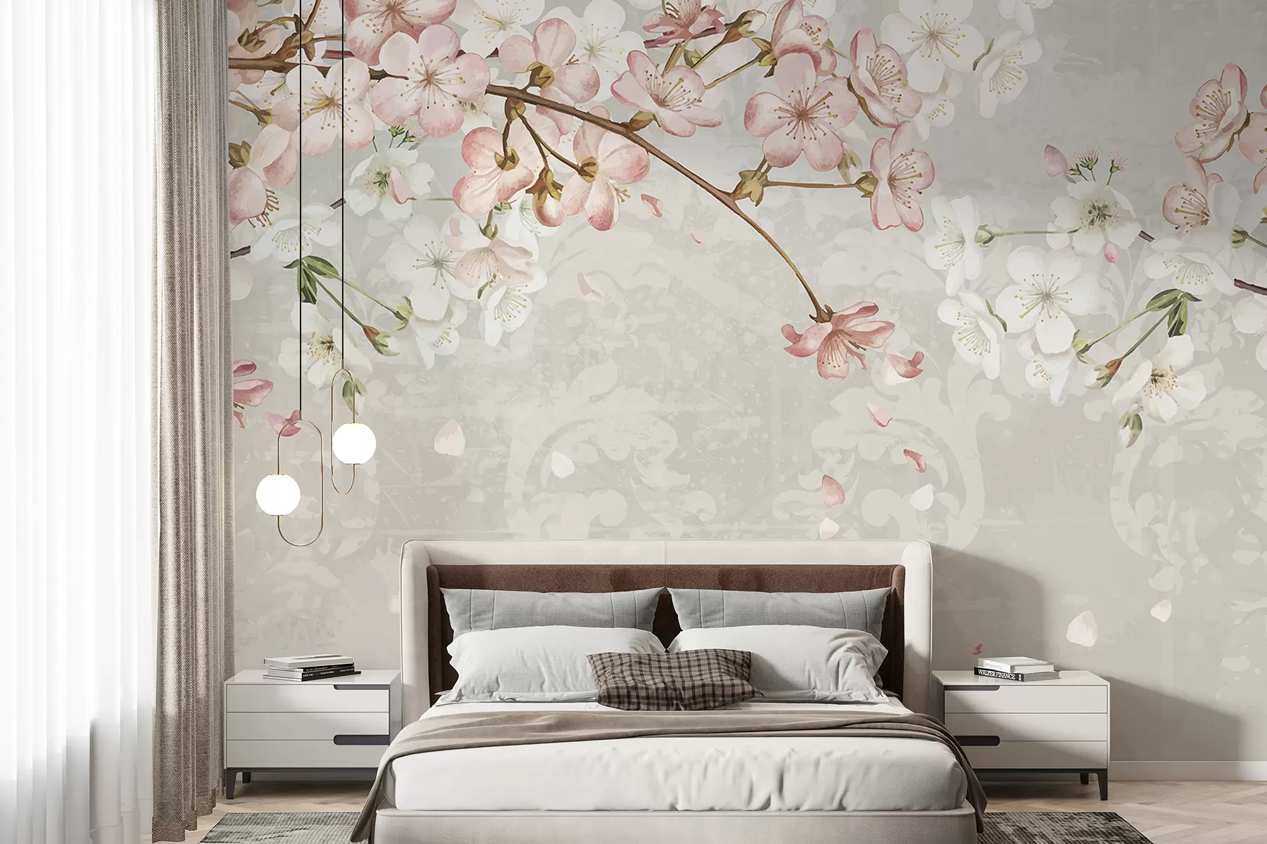 murais de parede Flores de cerejeira cor-de-rosa e brancas em plena floração, com pétalas suaves a cair sobre um fundo bege texturado w08254v1